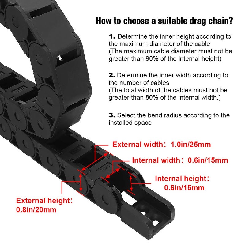 LMioEtool Pack of 2, R28/38 15mm x 50mm(Inner H x Inner W) Black Plastic Cable Wire Carrier Drag Chain 1M Length for CNC, with End Connectors - Semi Enclosed Type (Inner Side openable) - Image 3